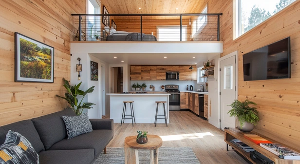 modern ADU interior living space with kitchen and loft designed by ADU Now LA